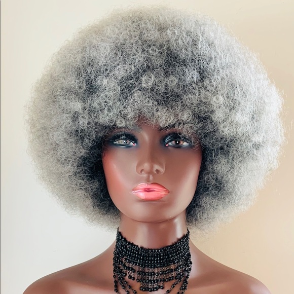 Grey/Black Kinky Curly Synthetic Afro Wig - Picture 7 of 11